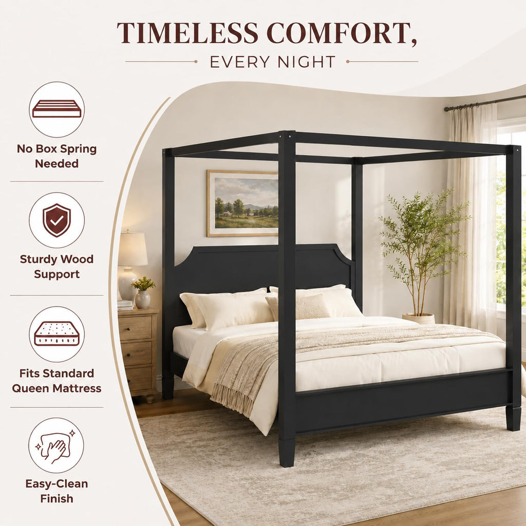 Wooden Canopy Platform Bed Frame with Headboard, 4-Poster Black Canopy Bed Frames with Sturdy Legs, Classic
