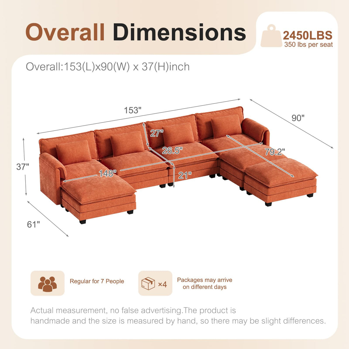 153" Oversized Cloud Couch Modular Sectional Couches, Large 7-Seat Deep Seat Sofa U Shaped Modern Sofa with Movable