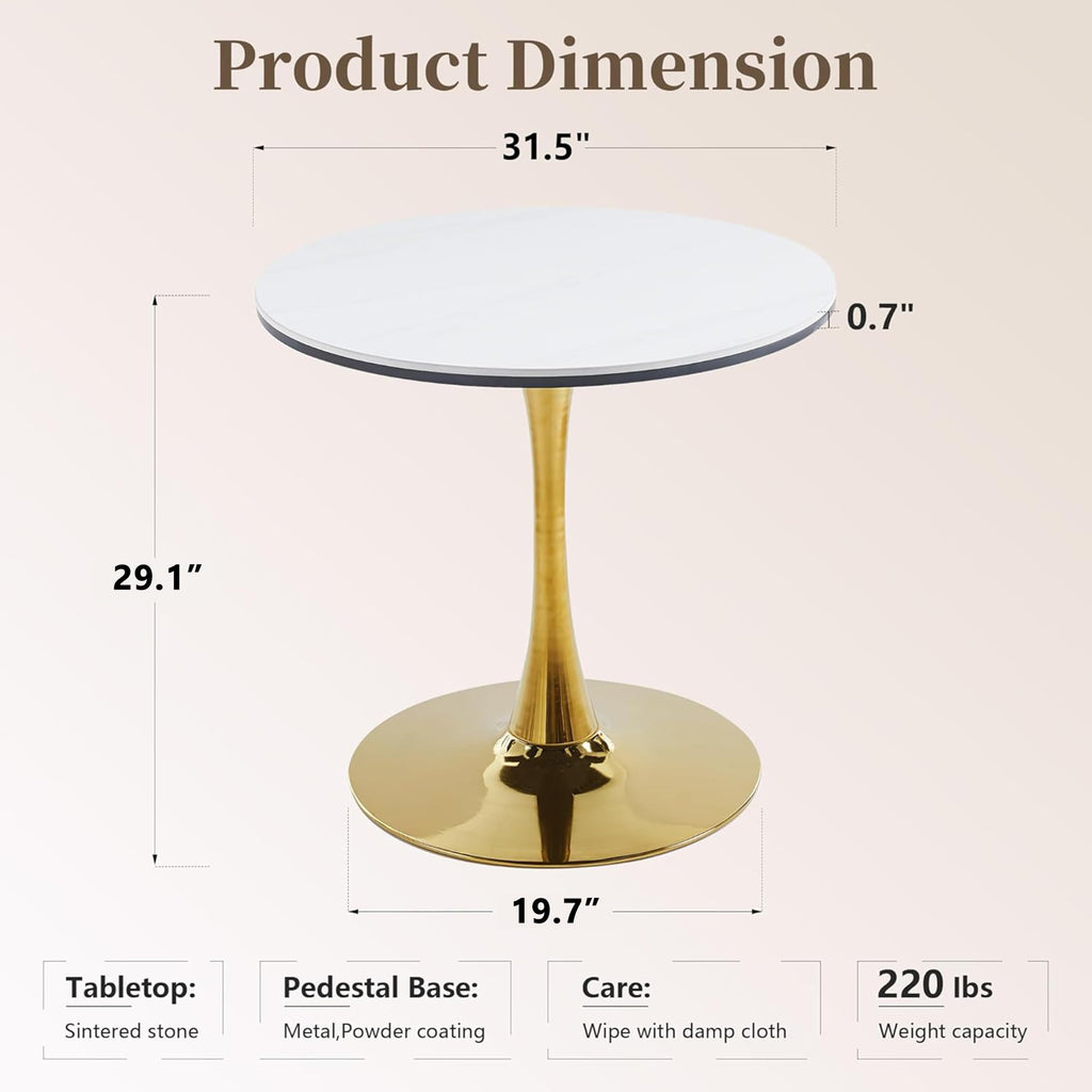 Inspired Saarinen Style 31.5" Sintered Stone Round Tulip Table with Gold Metal Pedestal