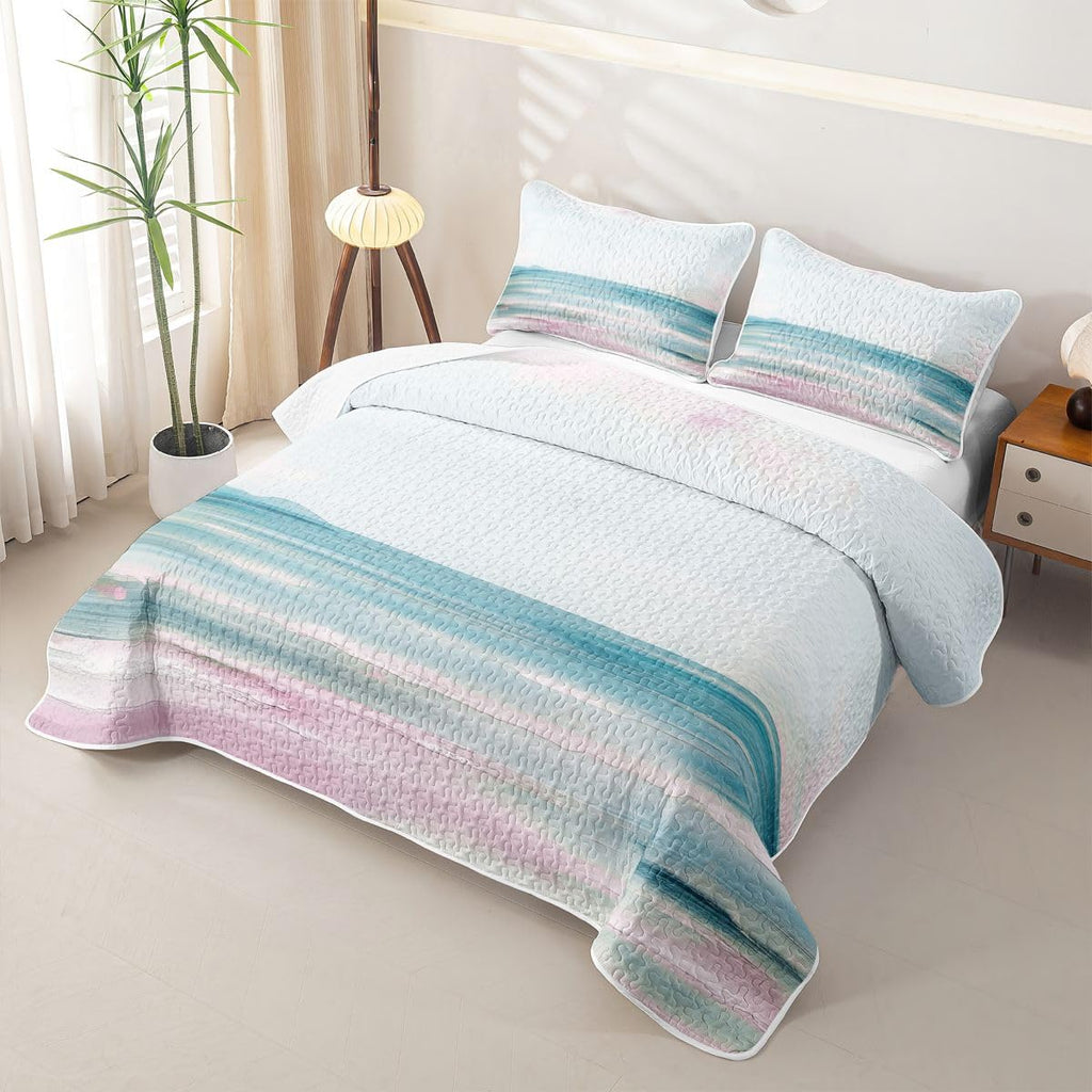 Abstract Beach Quilt Teal Pink Oil Painting Quilt Set Ocean Sea Wave Lake Quilted Bedspread Romantic Summer