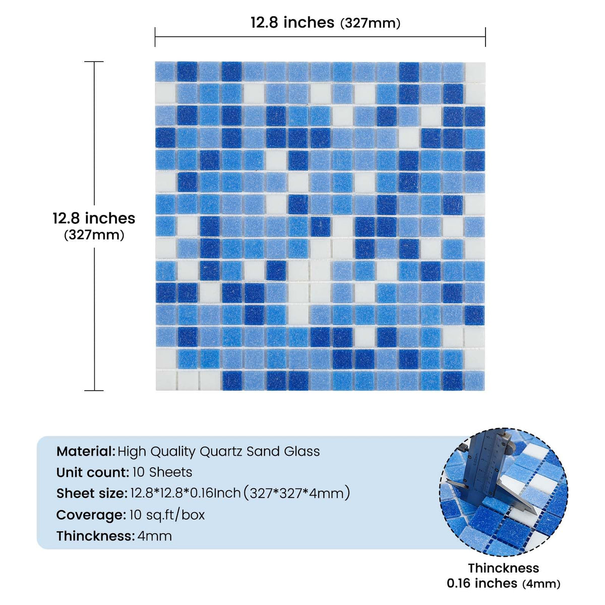 Glass Mosaic Pool Tile Backsplash 12 Inch 10P Light White Blue