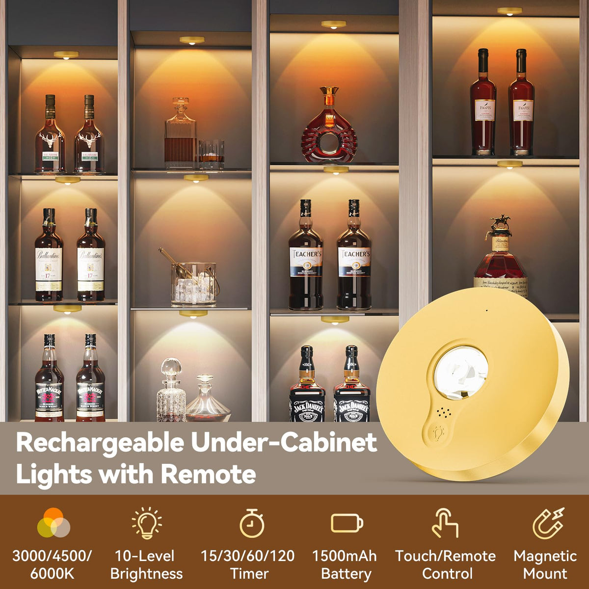 Rechargeable Puck Lights with Remote, 6 Pack Magnetic Under Cabinet Lighting, 1500mAh Battery Operated LED Tap Lights