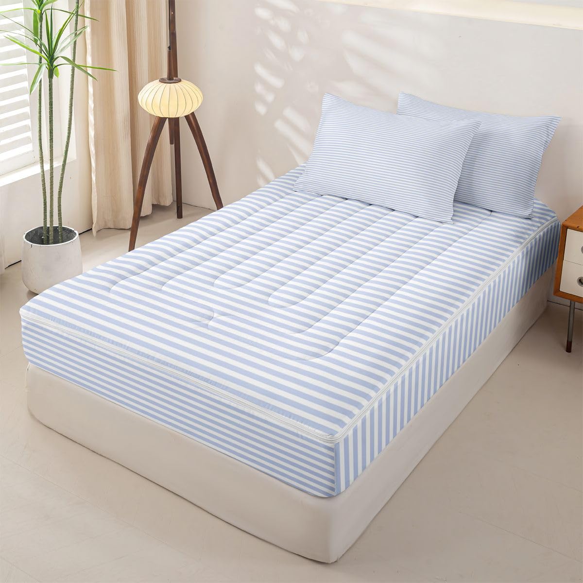 Blue White Stripe Zipper Bedding Set