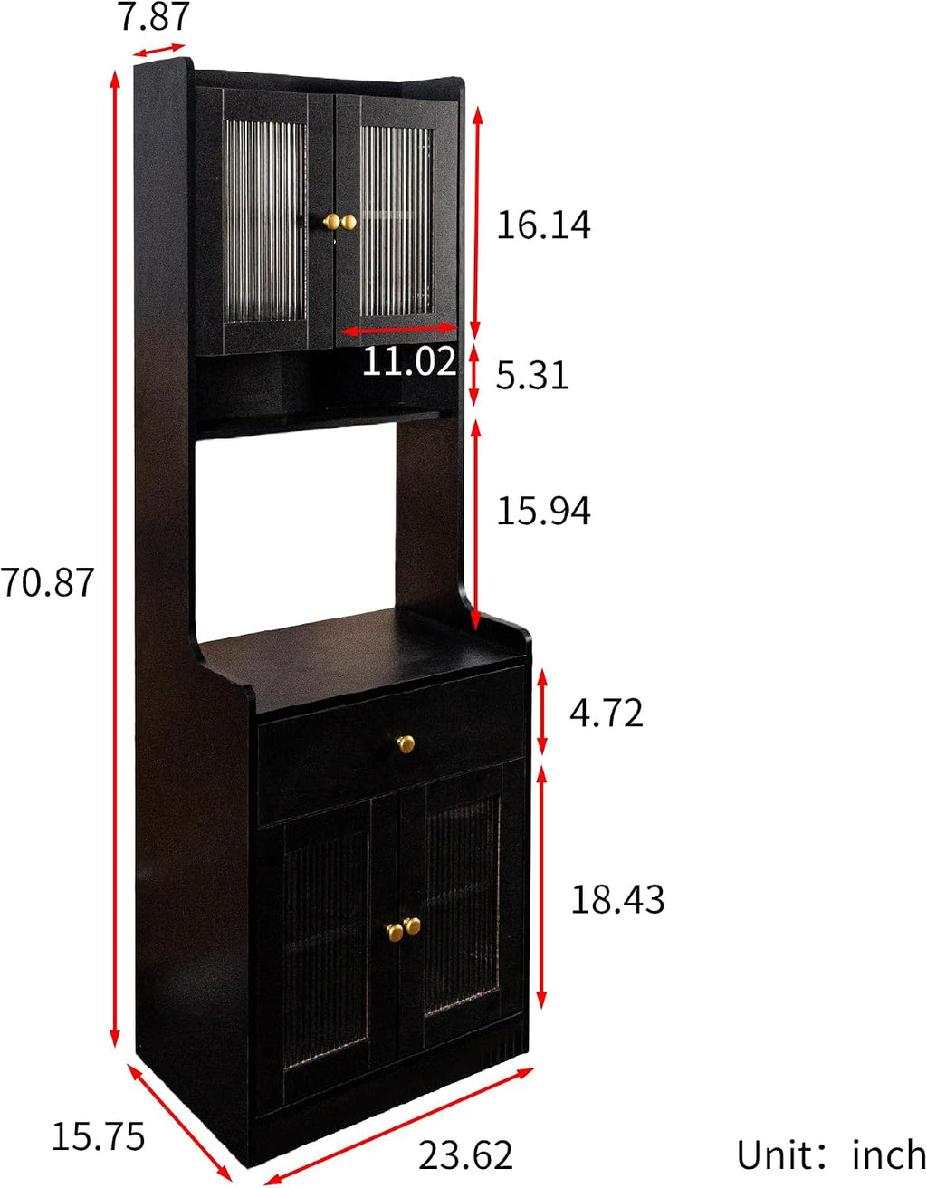 70.87" Tall Kitchen Pantry Storage Cabinet with Countertop, Glass Doors, Drawers, Microwave Stand and Shelves