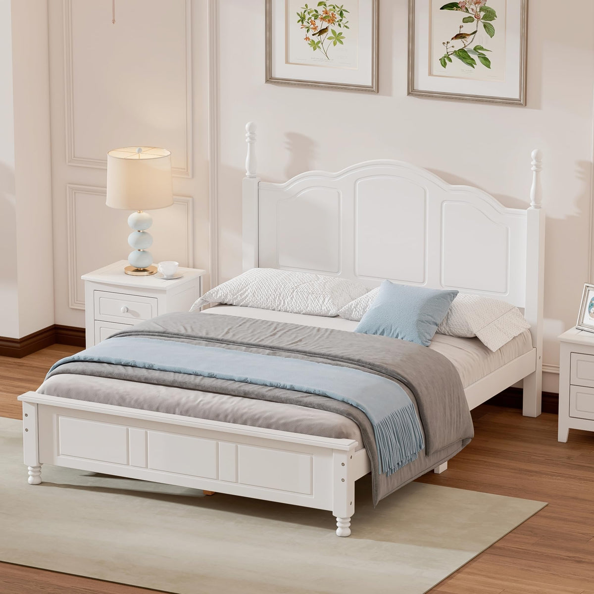 Wood Platform Bed Frame, Retro Style Wooden Bed with Headboard, Solid Pine Wood Construction, Wooden Slat