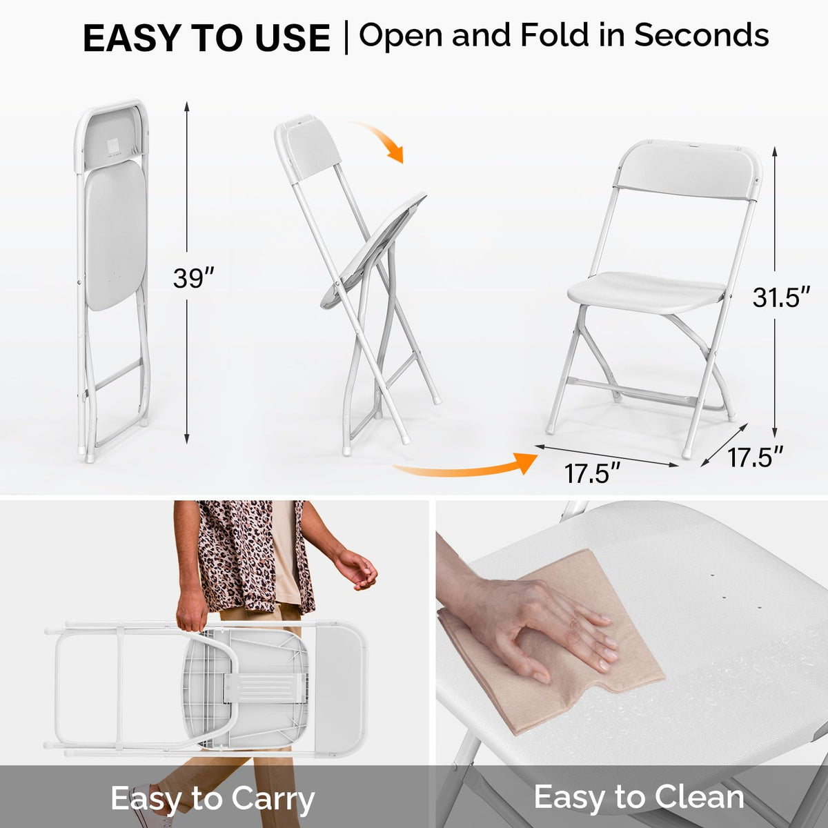 20 Pack White Plastic Folding Chair, Indoor Outdoor Portable Stackable Commercial Seat with Steel Frame 350lb.