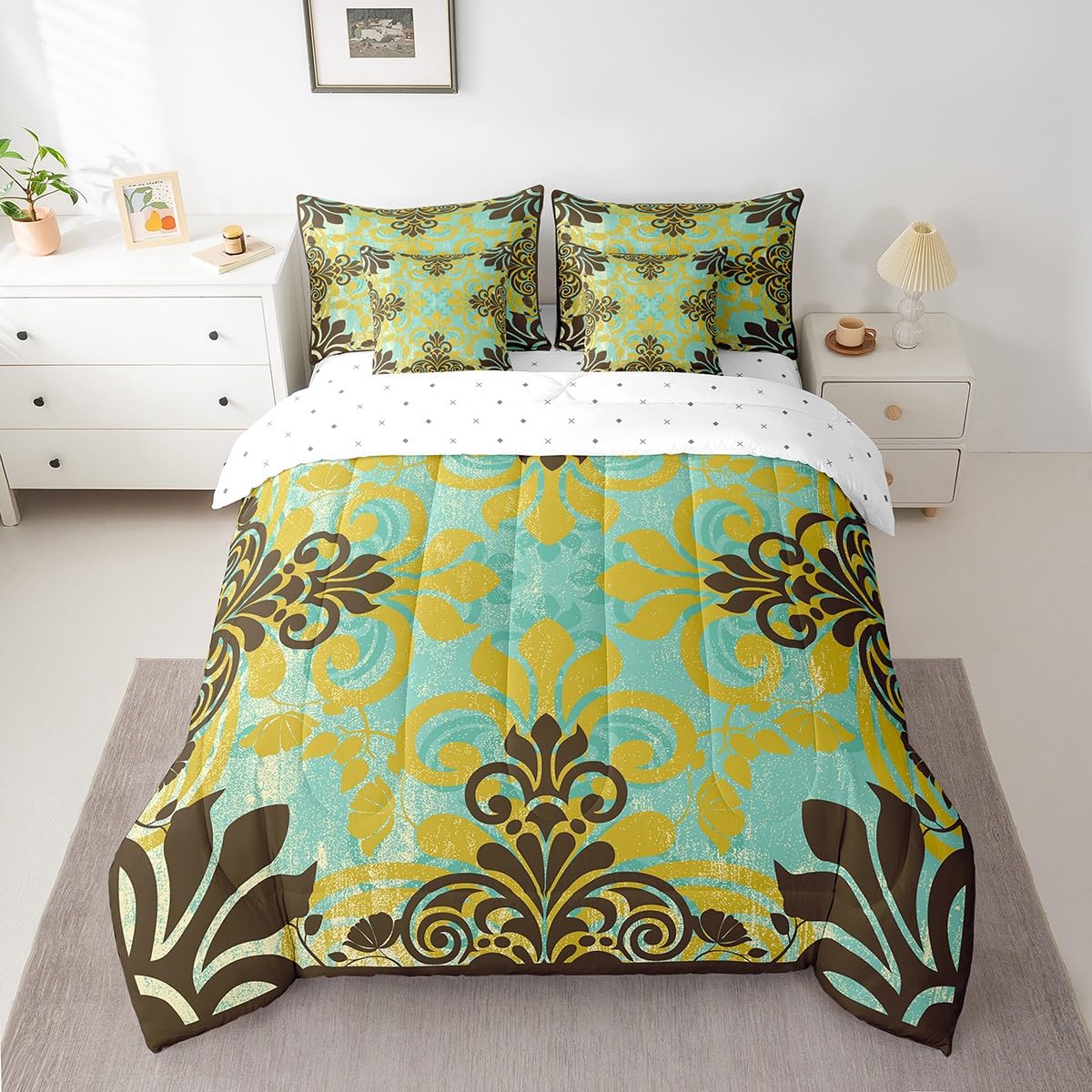 Bohemian Damask Comforter Set 7 Piece Bed in a Bag Twin, Exotic Flowers Bedding Sets Antique Victorian Gothic Vintage
