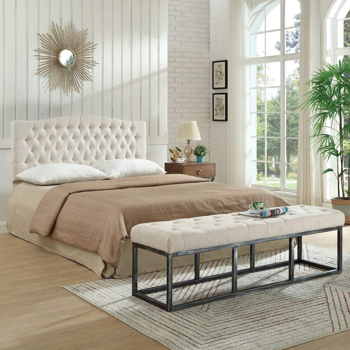 Upholstered Tufted Button Linen Fabric Headboard,Comfortable Fashional Headboard Queen/Full,Ivory