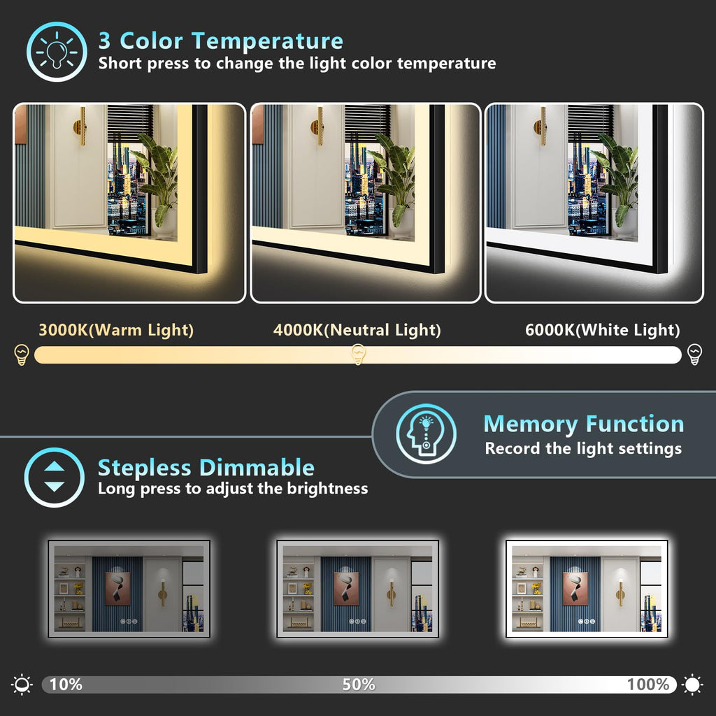 60x36 Black LED Bathroom Mirror, Backlit & Front Lit Lighted Mirror