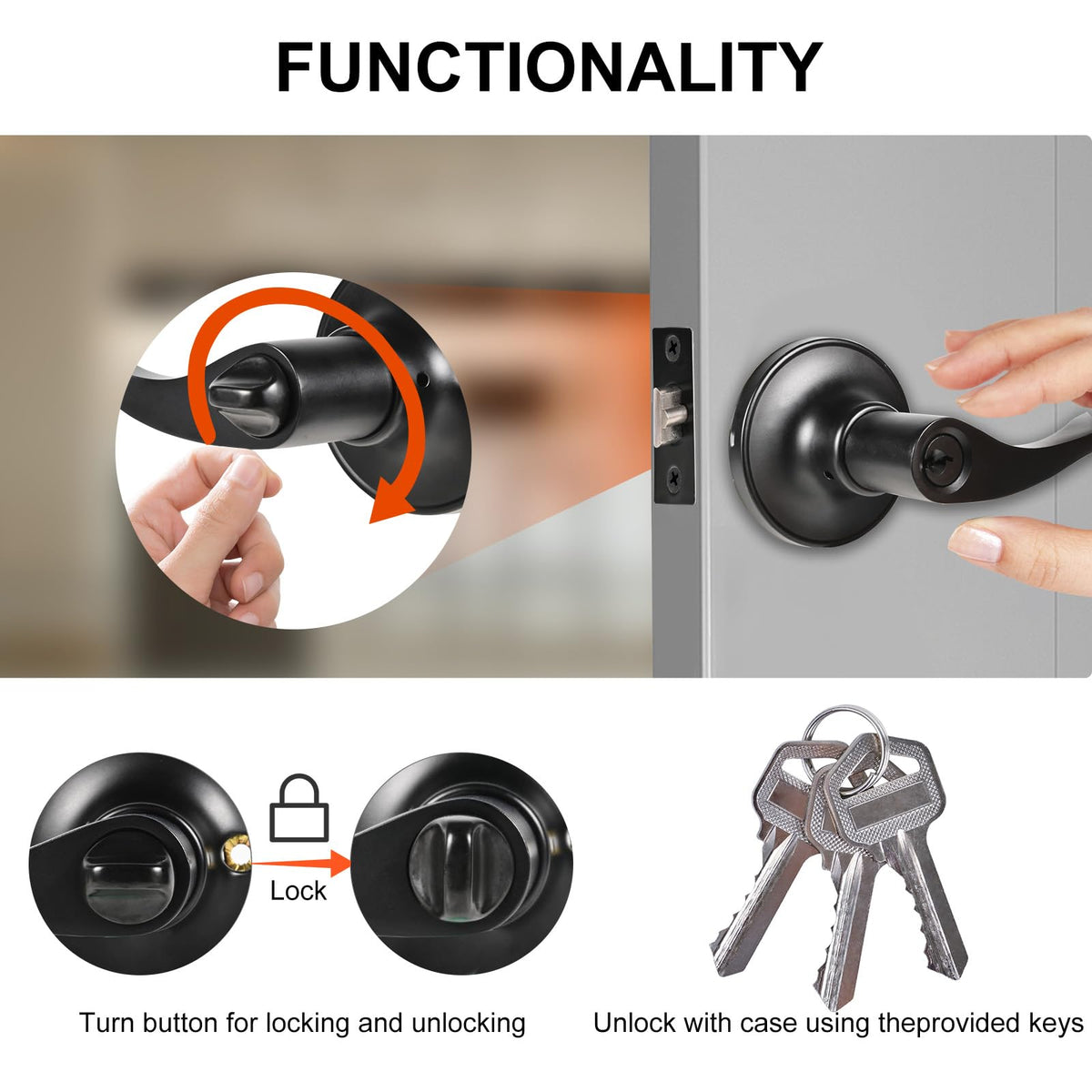 High-Security Stainless Steel Door Lever with Lock and Key(Black)