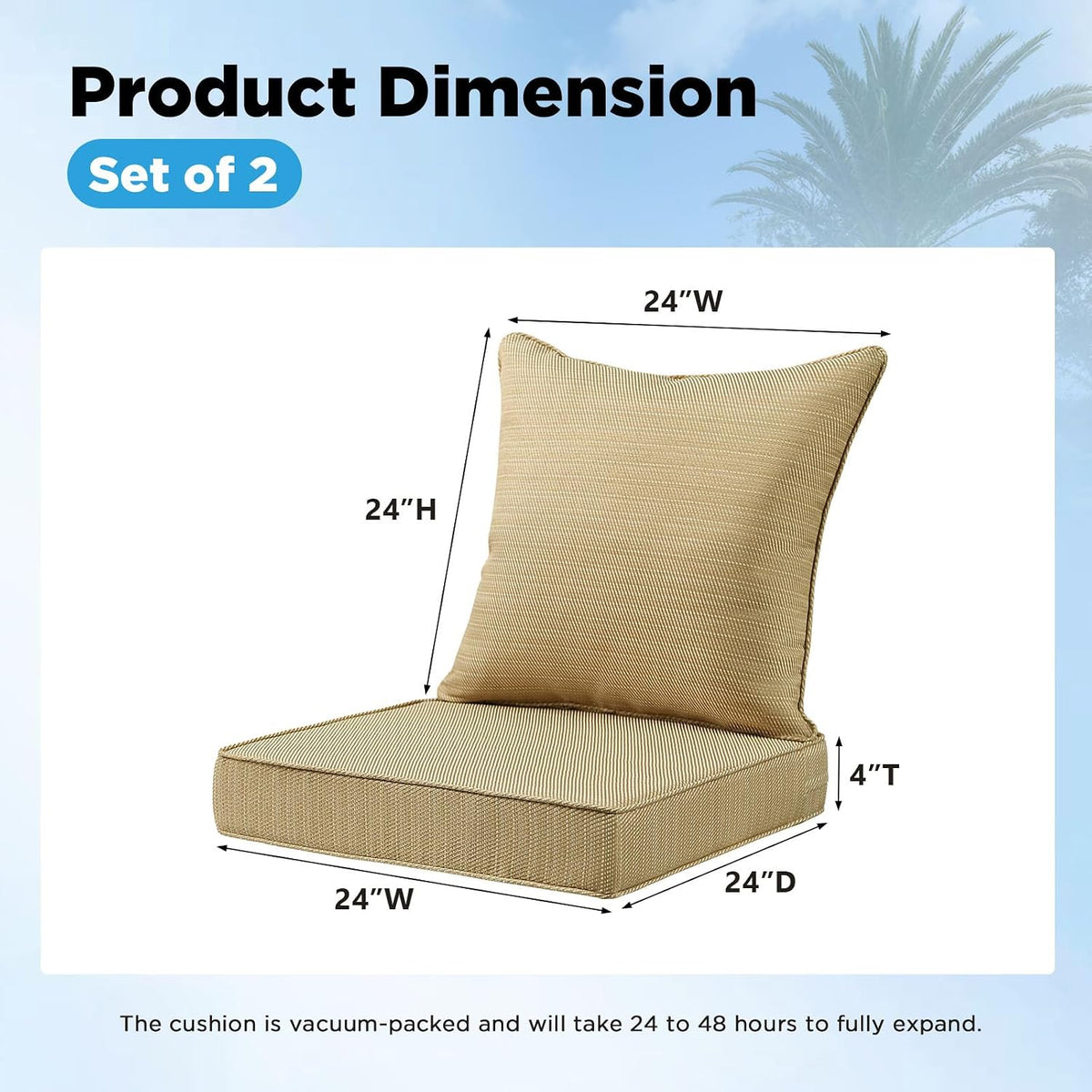 Outdoor Deep Seat & Back Cushion Set (2-Pack), 24 x 24 Inch Water Repellent and Fade Resistant Patio Furniture with - Set of 2