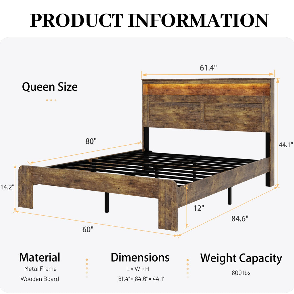 Queen Size Wooden Bed Frame with Headboard, Rustic Platform Bed Frame