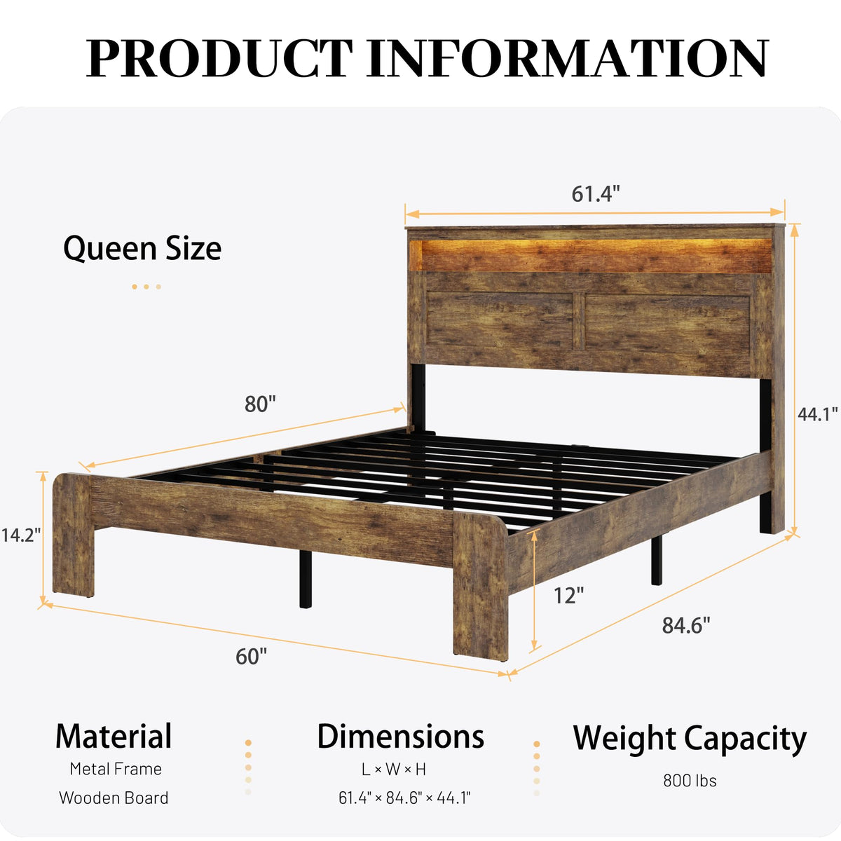 Queen Size Wooden Bed Frame with Headboard, Rustic Platform Bed Frame