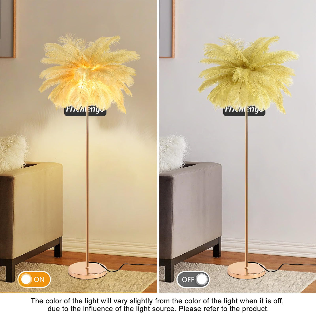 Inspired Arco Style Feather Floor Lamp, Fluffy Ostrich Feathers Lamp, Rose Gold Color Body, 3 Color Temperatures Modern Funky Arc Tall