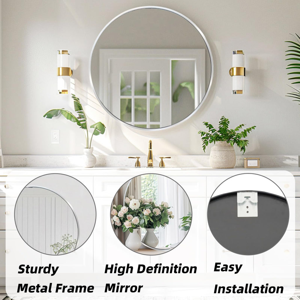 Silver Circle Mirror 22 inch, Round Mirror, Brushed Nickel, Chrome