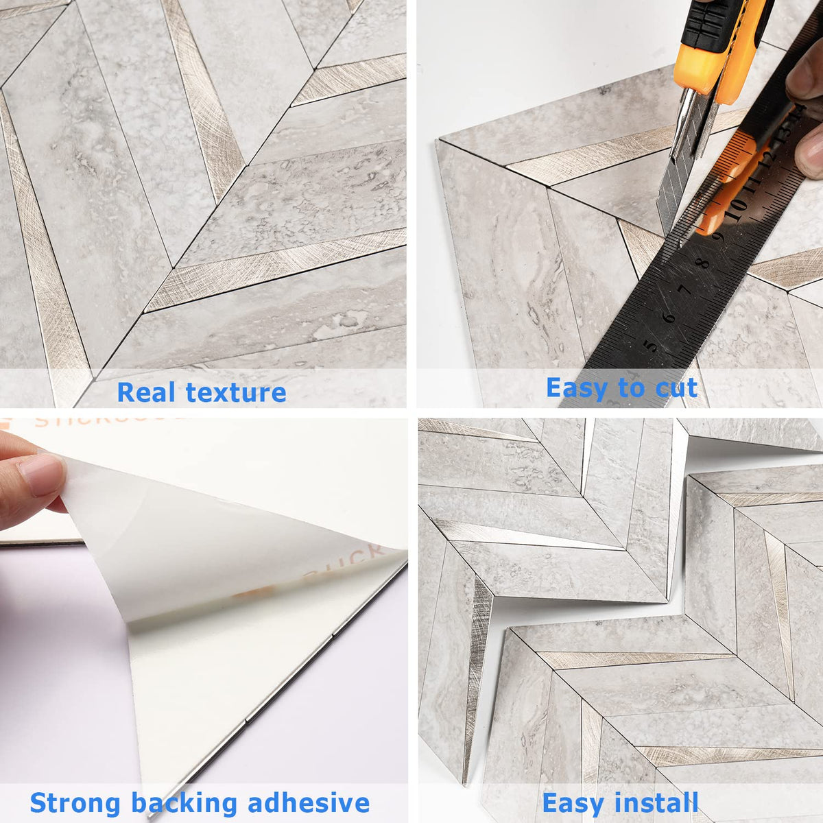 10-Sheet Herringbone Tile Peel and Stick Backsplash, Beige Mixed Metal Gold PVC Stick on Backsplash, Self Adhesive