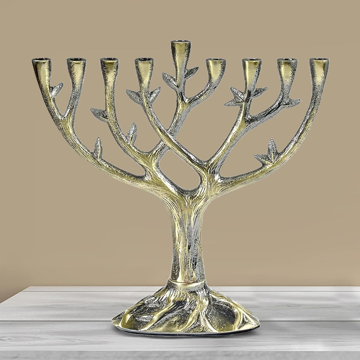 Hanukkah Tree of Life 9 Branch Candle Holder - Tall Textured Antiqued Bronze & Silver Finish Jewish Candlestick