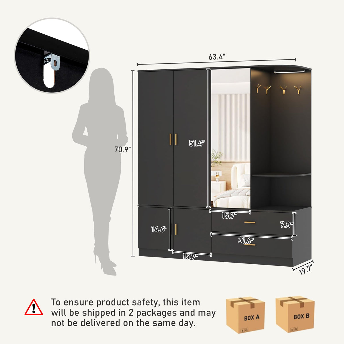 Armoire Wardrobe Closet with Mirror & Sensor Light, Bedroom Armoire with 5 Doors & 2 Drawers, Modern Wooden Large