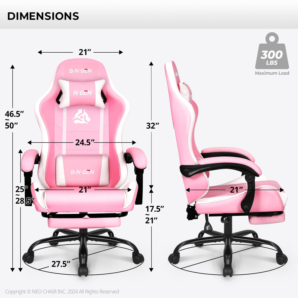 Gaming Chair with Footrest, Lumbar, High-Back, Pink White