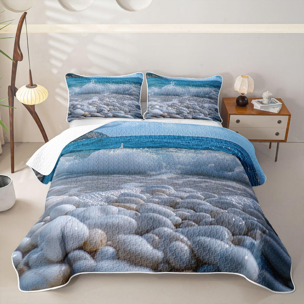Pebble Quilt Beach Cobble Print Quilt Set 3D Stone Gravel Quilted Bedspread Hawaii Beach Coverlet