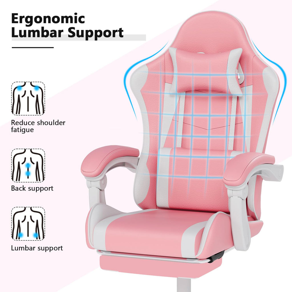 Gaming Chair with Headrest and Footrest, Pink