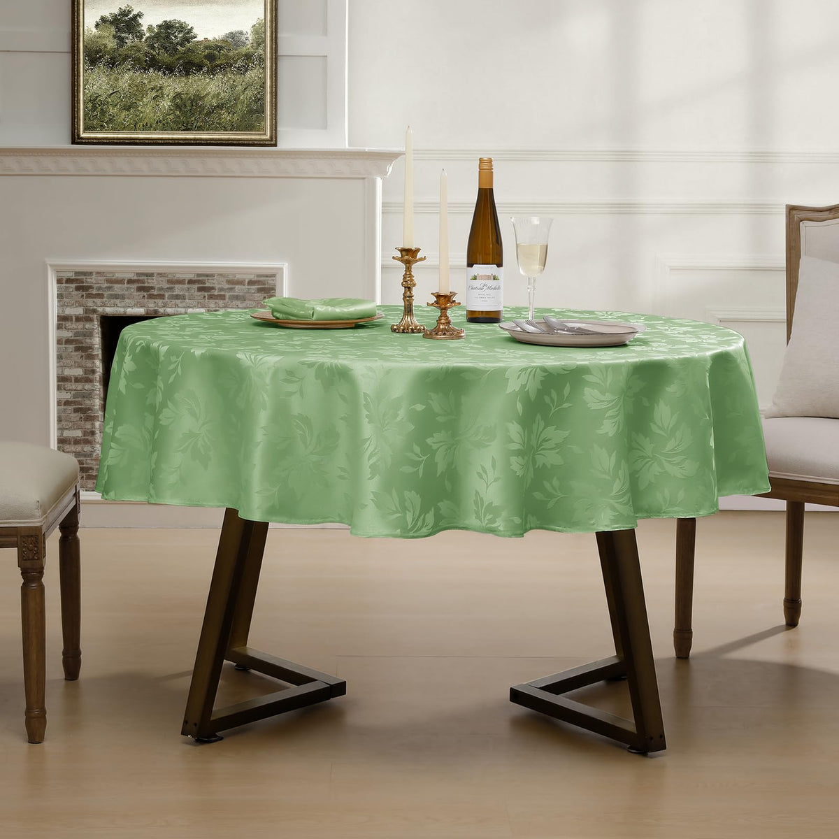 Jacquard Round Tablecloth 70 Inch, Sage Green