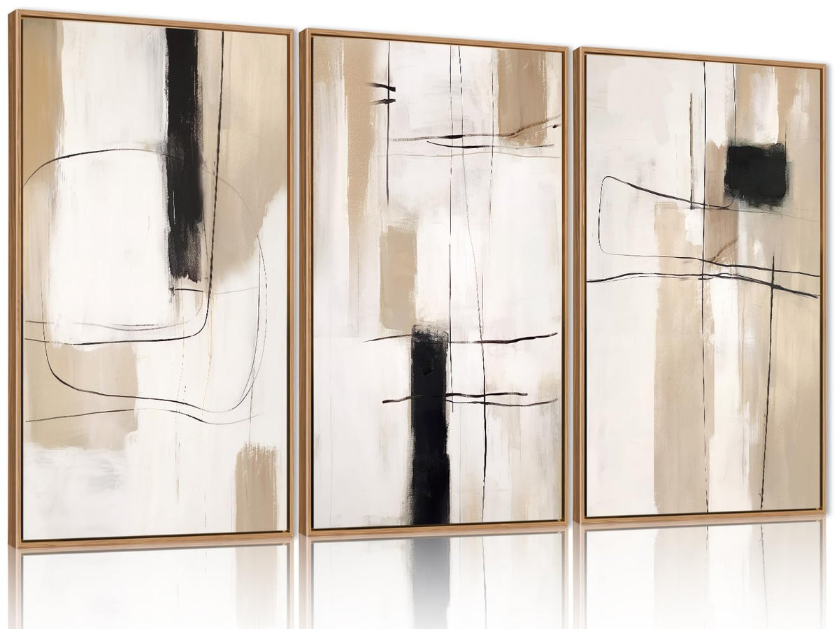 Modern Abstract Canvas Wall Art Set of 3, Framed Neutral Wall Decor, Large Black White Wall Painting, Beige Cream