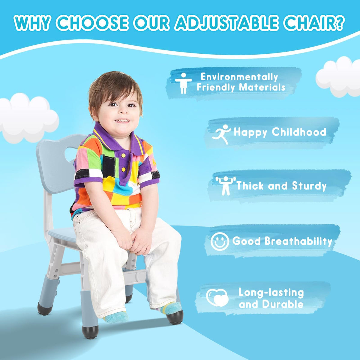 Kids Height Adjustable Toddler Chair Max Load Plastic Indoor Outdoor for Children Age 1-6 School Home Daycare