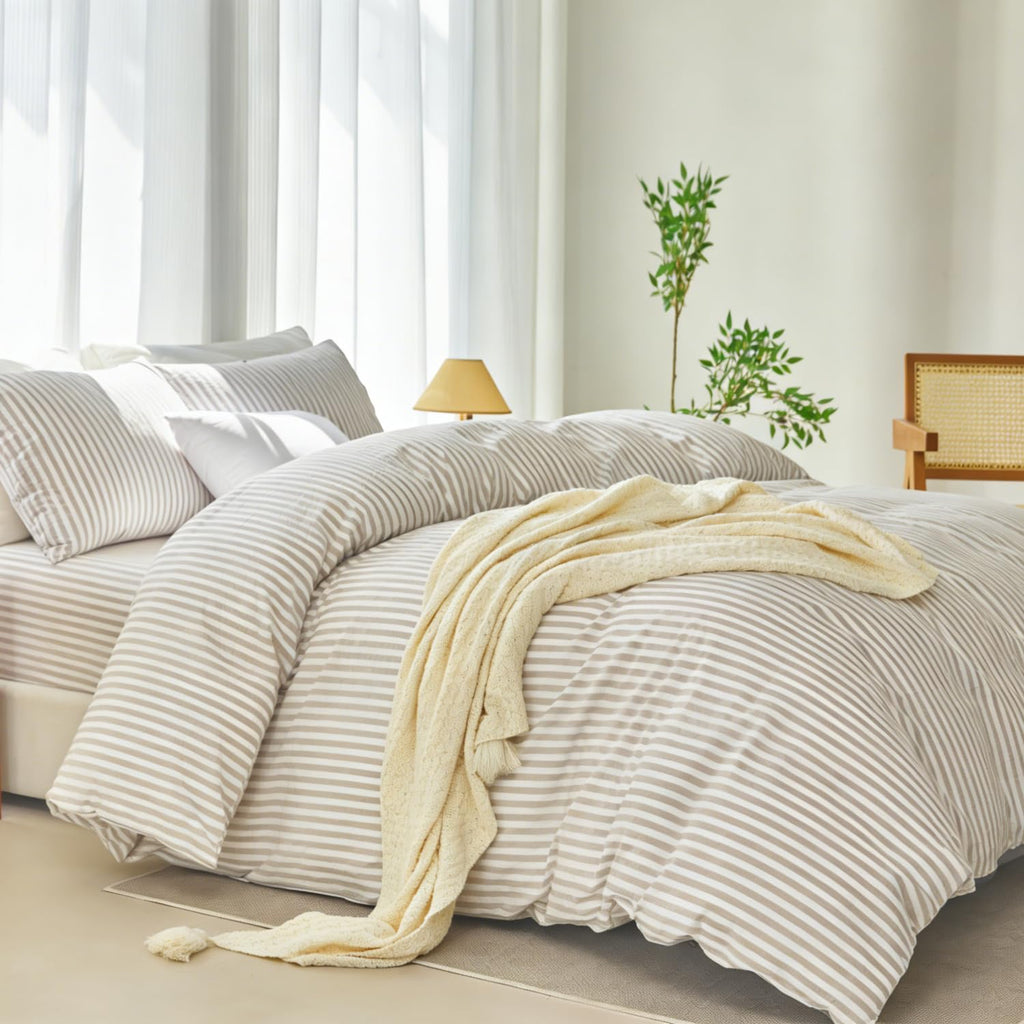 Striped Duvet Cover Set 100% Washed Cotton Linen Feel Natural Wrinkles Lightweight Comfy (, Linen Grey White