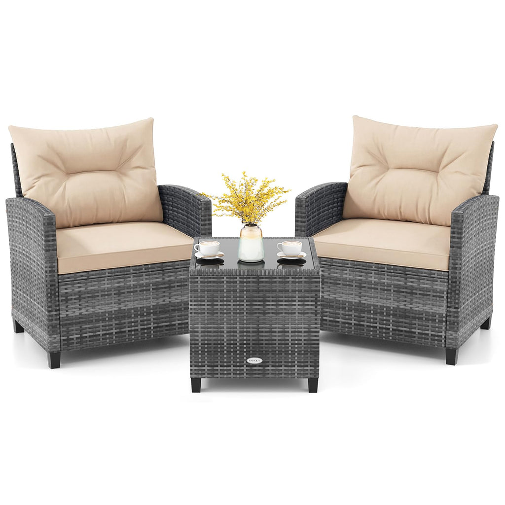 3 Piece Patio Furniture Set, Outdoor PE Rattan Conversation Set with Washable Cushions & Tempered Glass Tabletop