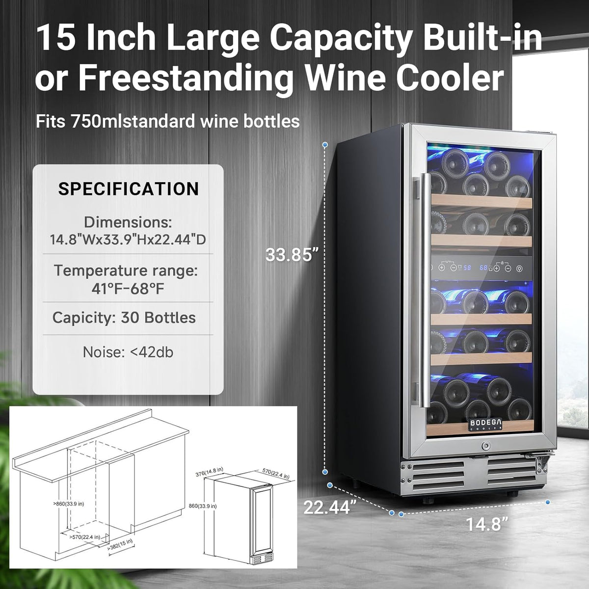 15 Inch Wine Fridge, 30 Bottles Dual Zone Wine Cooler, 41-68°F Wine Refrigerators Free standing