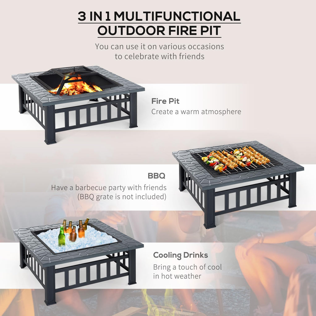 34" Outdoor Fire Pit Square Steel Wood Burning Firepit Bowl