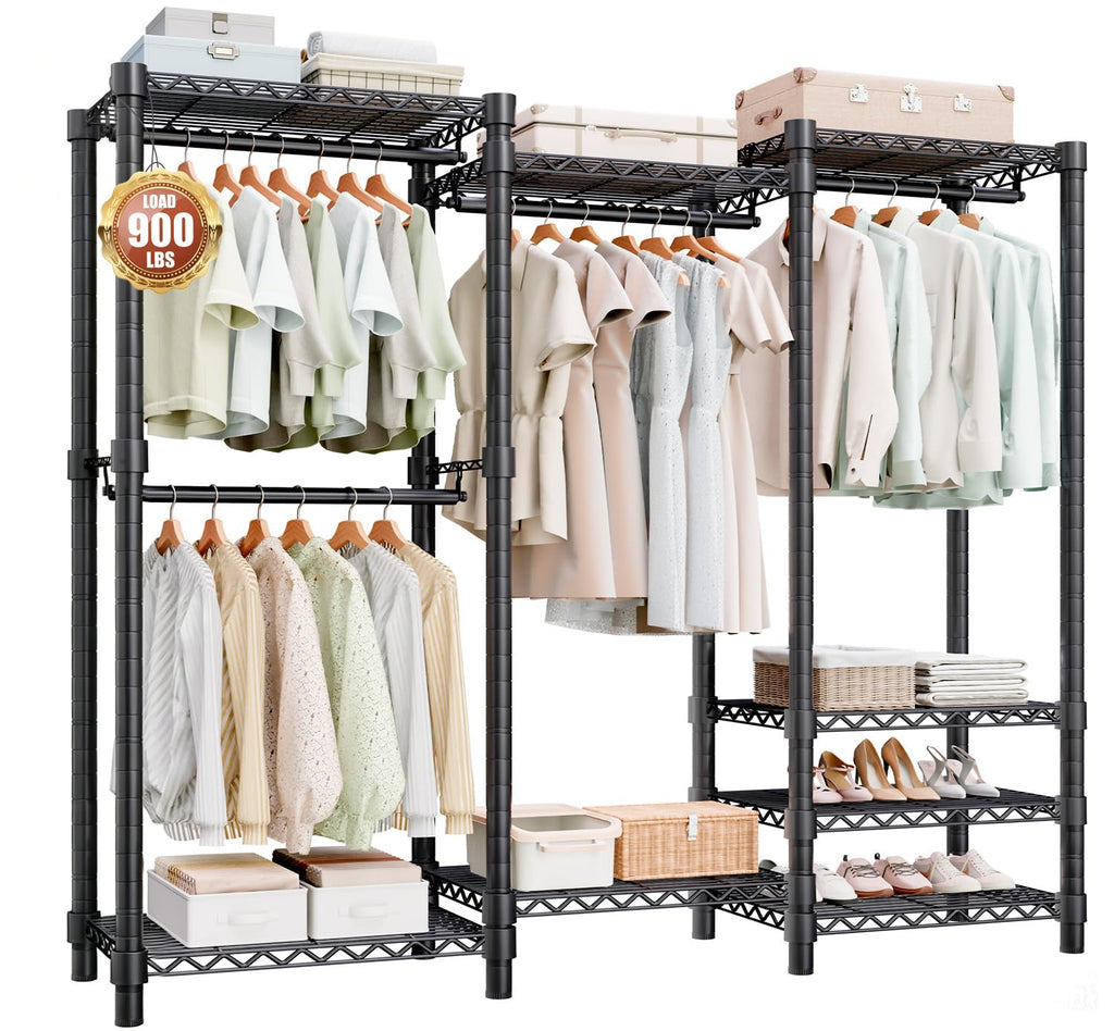 Heavy Duty Clothes Rack, Metal Garment Rack with 8 Shelves & 4 Rods
