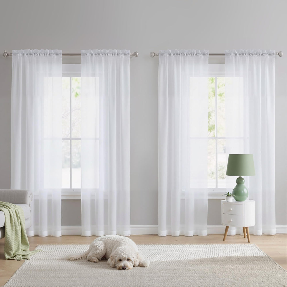 White Sheer Curtains 120 inches Long 4 Panels, 42 inch Wide Rod Pocket Light Filtering Drapes Translucent Modern