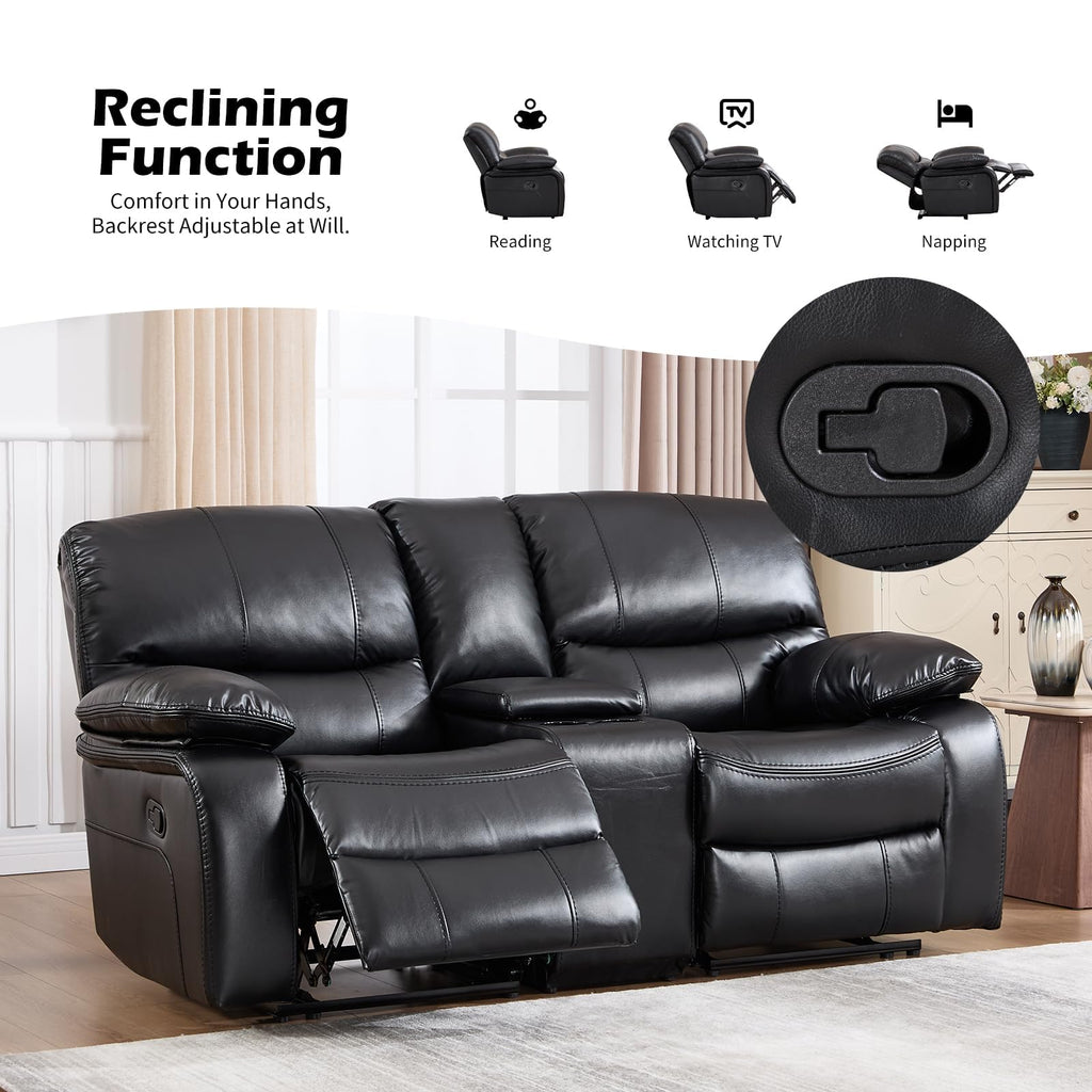 Faux Leather Manual Recliner Sofa Set, Americana Minimalist 2 Recliner Chairs and 1 Reclining Loveseat with Center