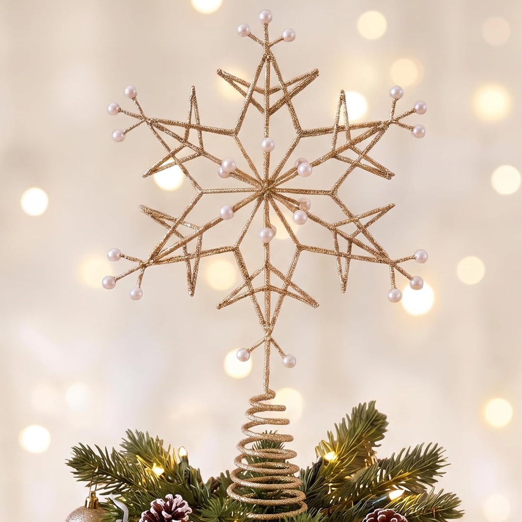 12.6 Inch Snowflake Christmas Tree Topper, Golden Glitter with Pearl