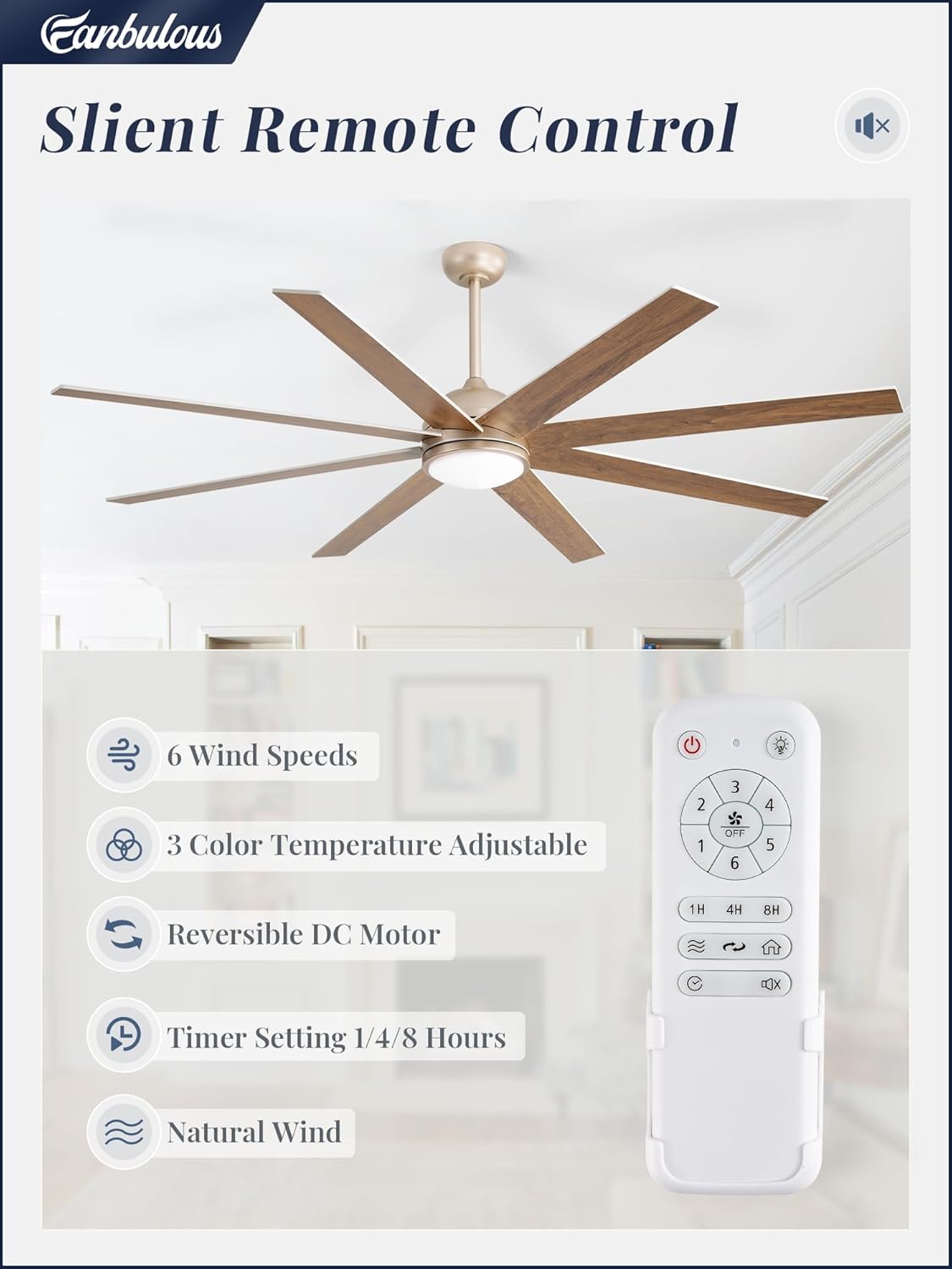 72" Ceiling Fan with LED Light and Remote - Champagne Gold