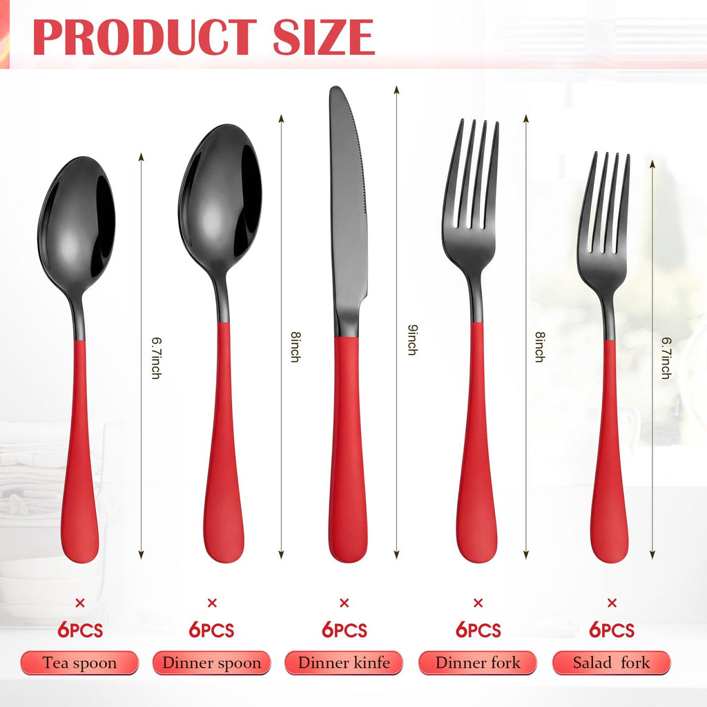 30 Pcs Red Silverware Set Stainless Steel Utensil Sets for 6 Guest