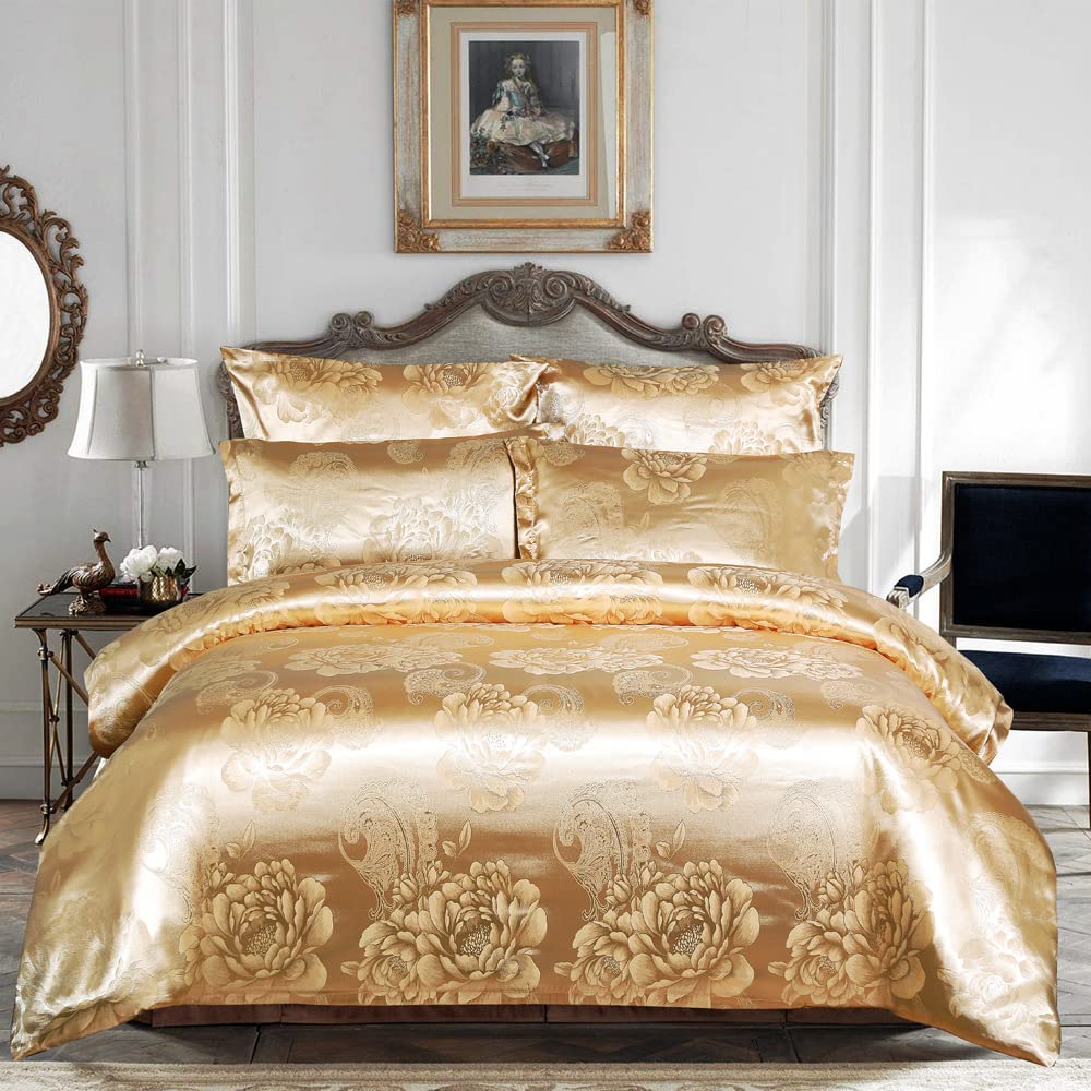 Comforter Set Satin Silk Blanket All Season Bed Gold Bedspread Luxury Jacquard Quilt Bedding in a Bag Matching 2