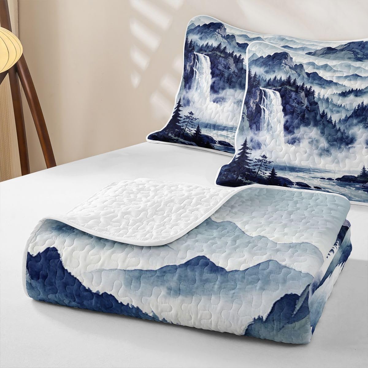 Navy Blue Ink Wash Mountain Waterfall Quilt Quilted Blanket - Rustic Woodland Pine Forest Cabin Lodge