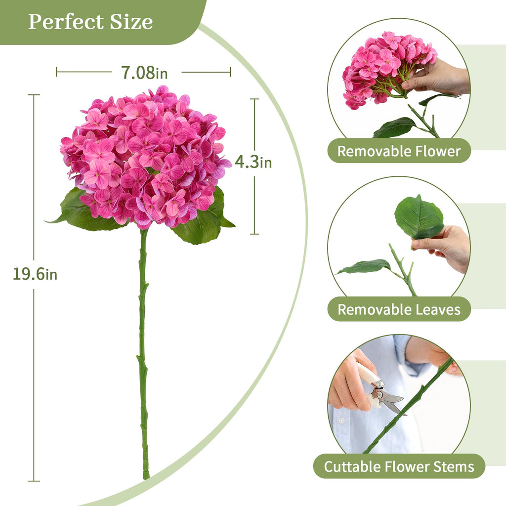 Hydrangea Artificial, 3Pcs Real Touch Faux Hydrangea with Long Stem and Leaves, Lifelike Fake for Outdoor Planters