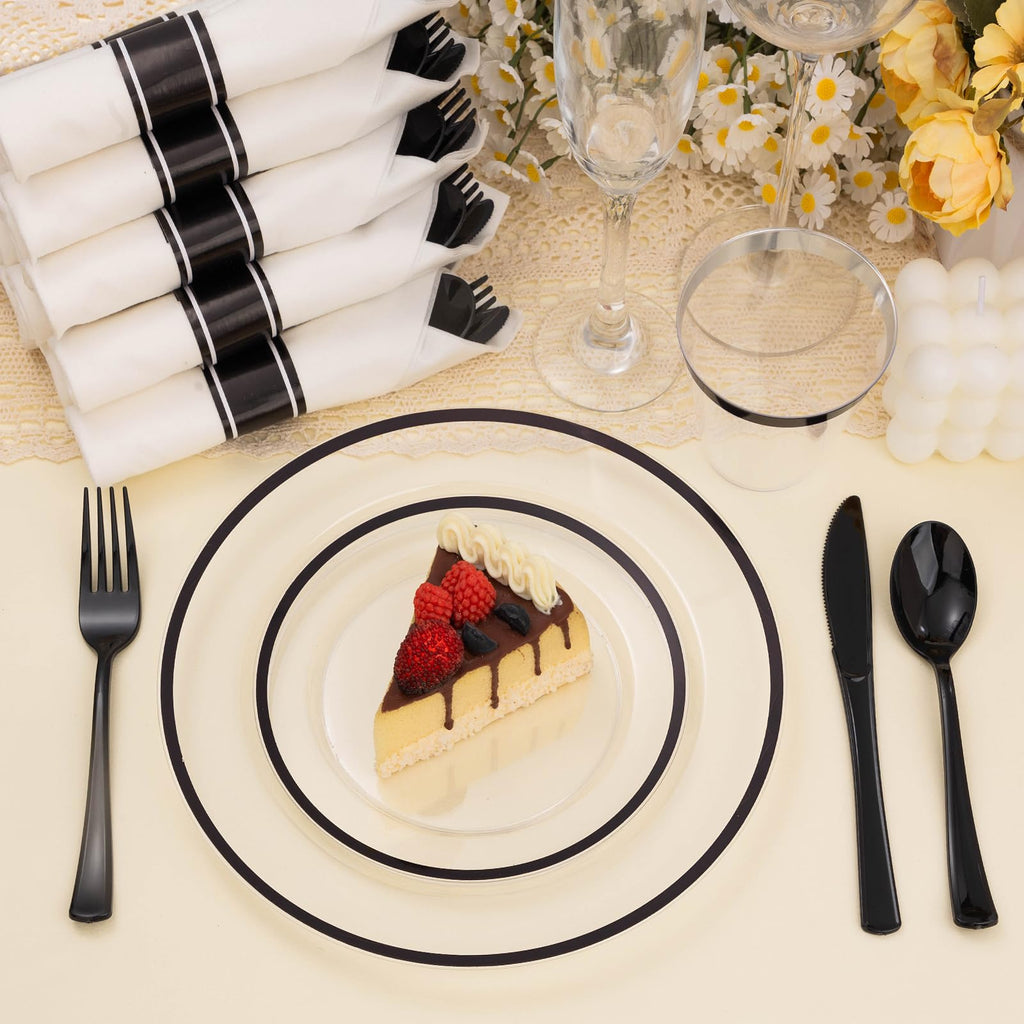 350 PCS Clear and Black Disposable Plastic Plate Set for 50 Guests