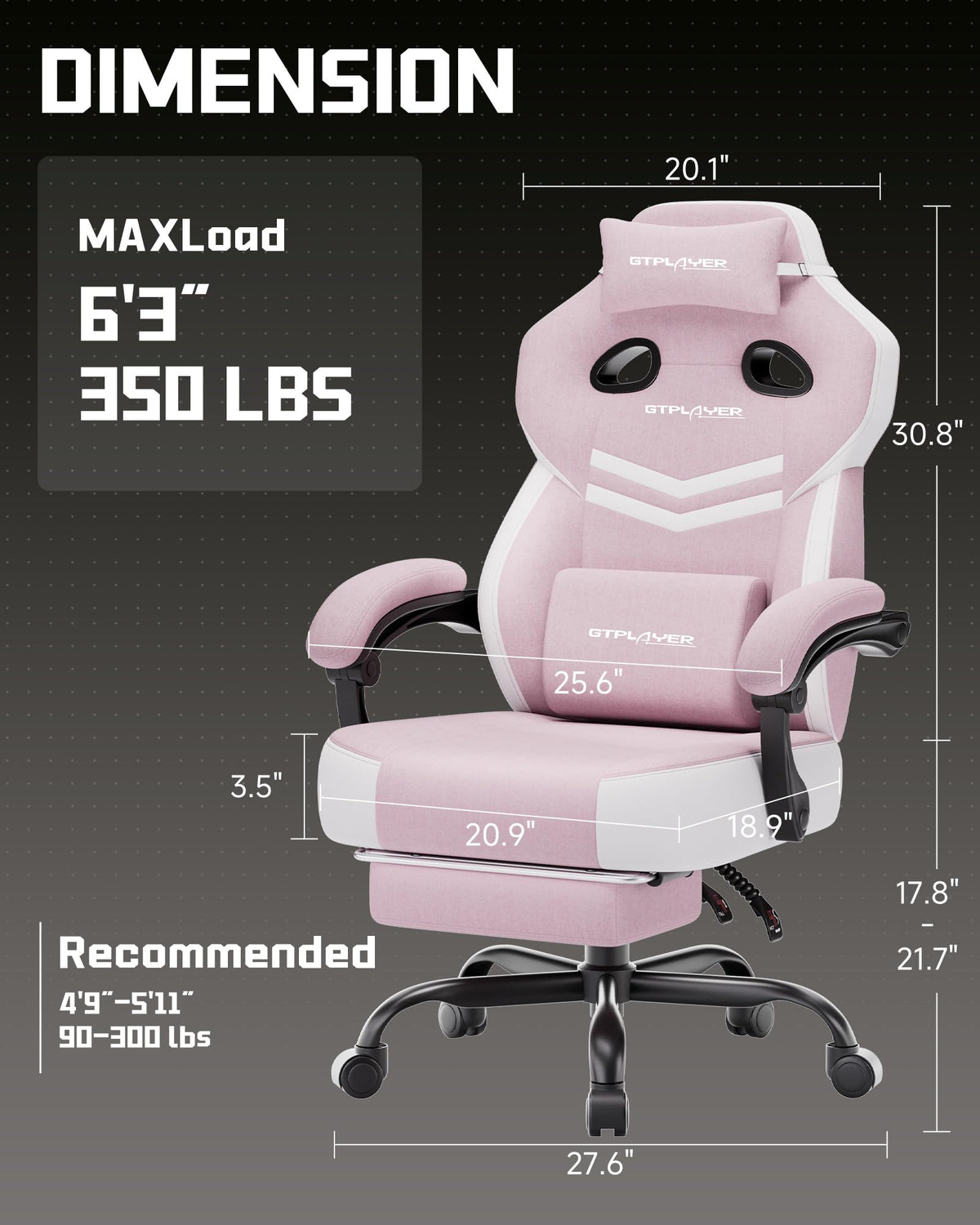 Big & Tall Gaming Chair, Wide Seat with Footrest, Pink