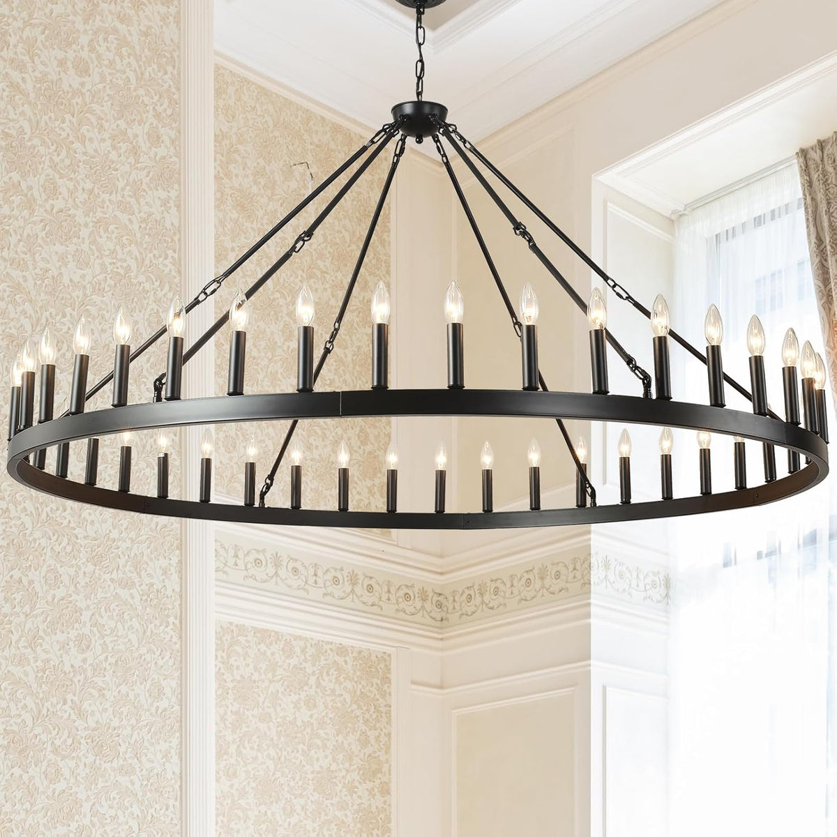 64-Inch Extra-Large Wagon-Wheel Chandelier, Rustic Ring Light for Open Plans