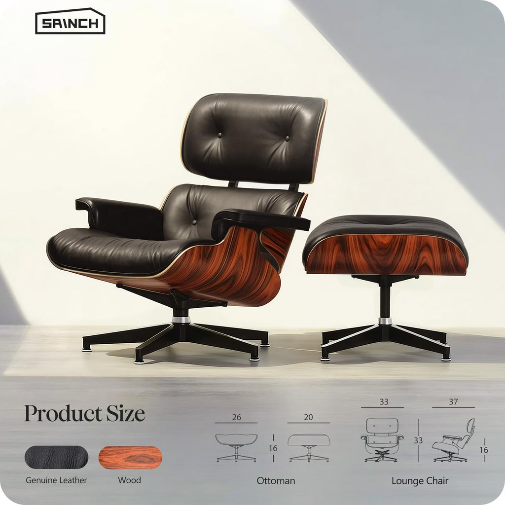 Mid Century Modern Top Grain Leather Chaise Lounge Chair & Ottoman