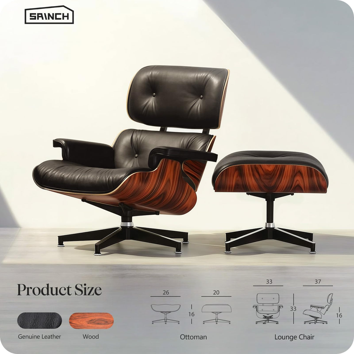 Mid Century Modern Top Grain Leather Chaise Lounge Chair & Ottoman