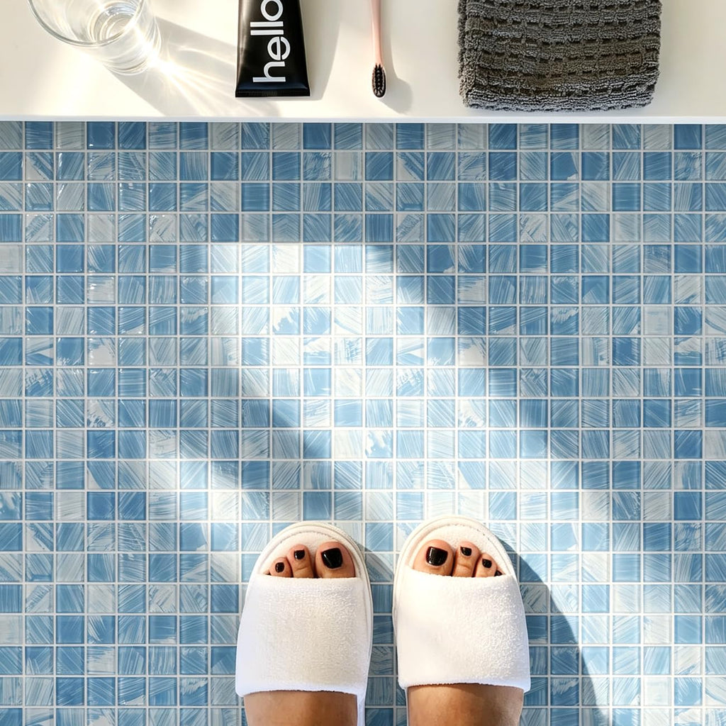 8PC Glass Mosaic Pool Tile, Blue Waterproof Floor & Wall Tiles