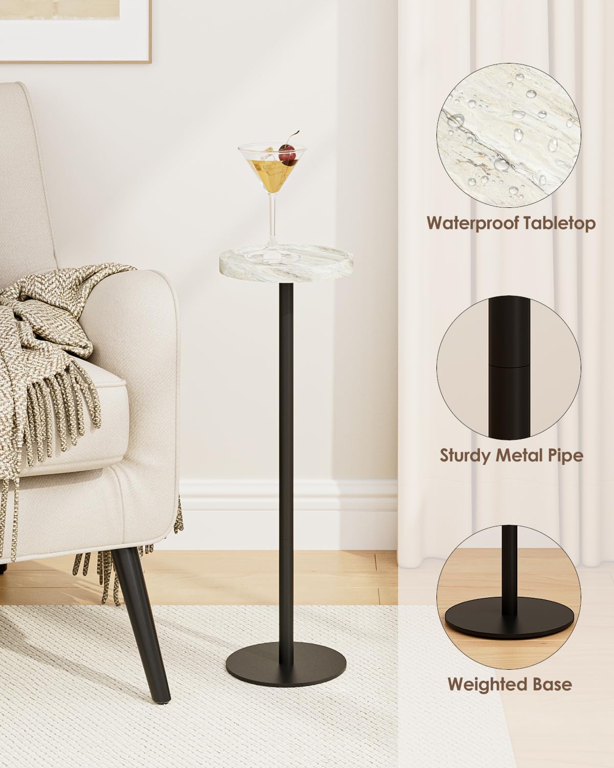 Inspired Saarinen Style Round Drink Table Set 2, Small Pedestal Side Table, White Marble