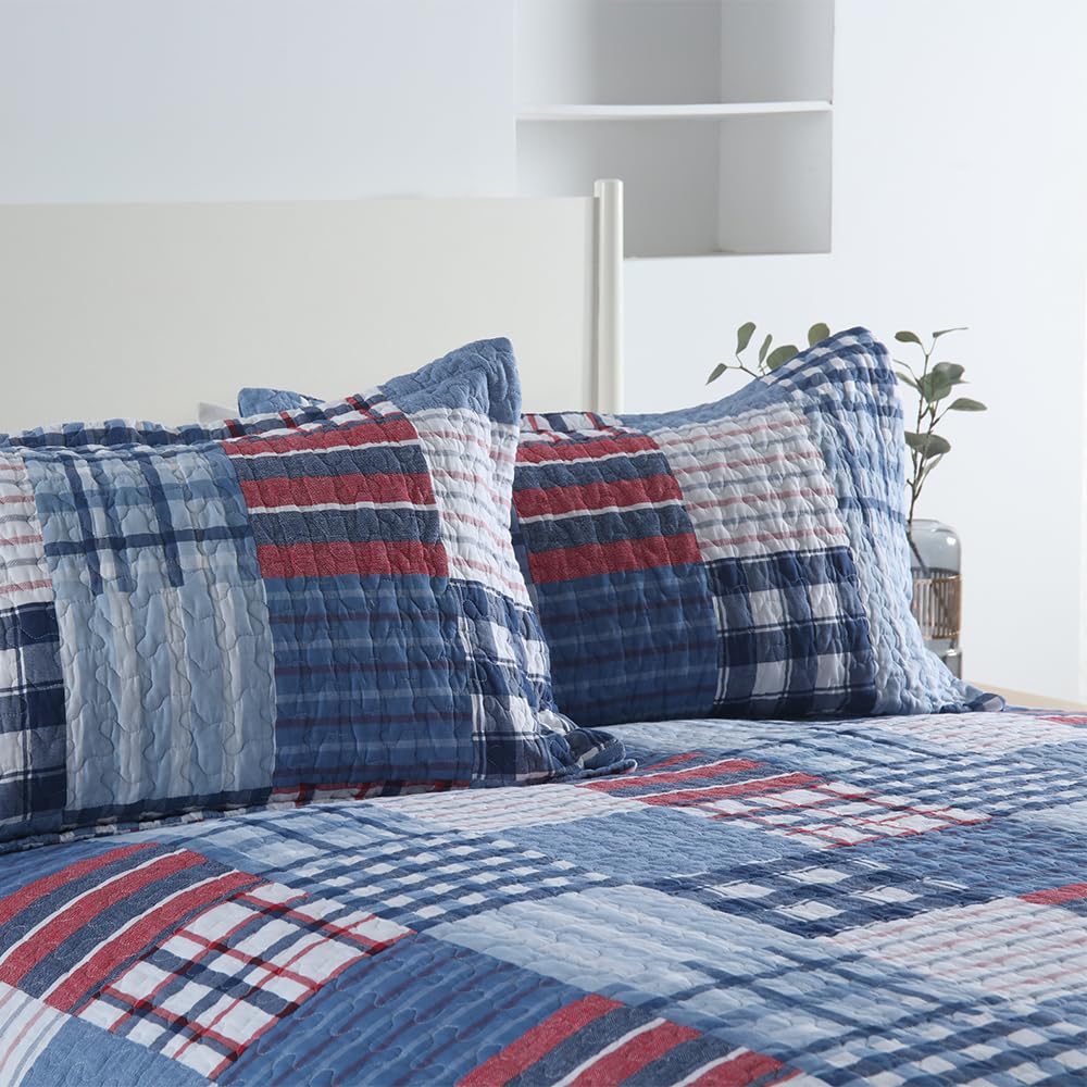 Cotton Bedding Quilt Sets, Soft Reversible Coverlet Sets All Season Blue Bedspread, Plaid Patchwork