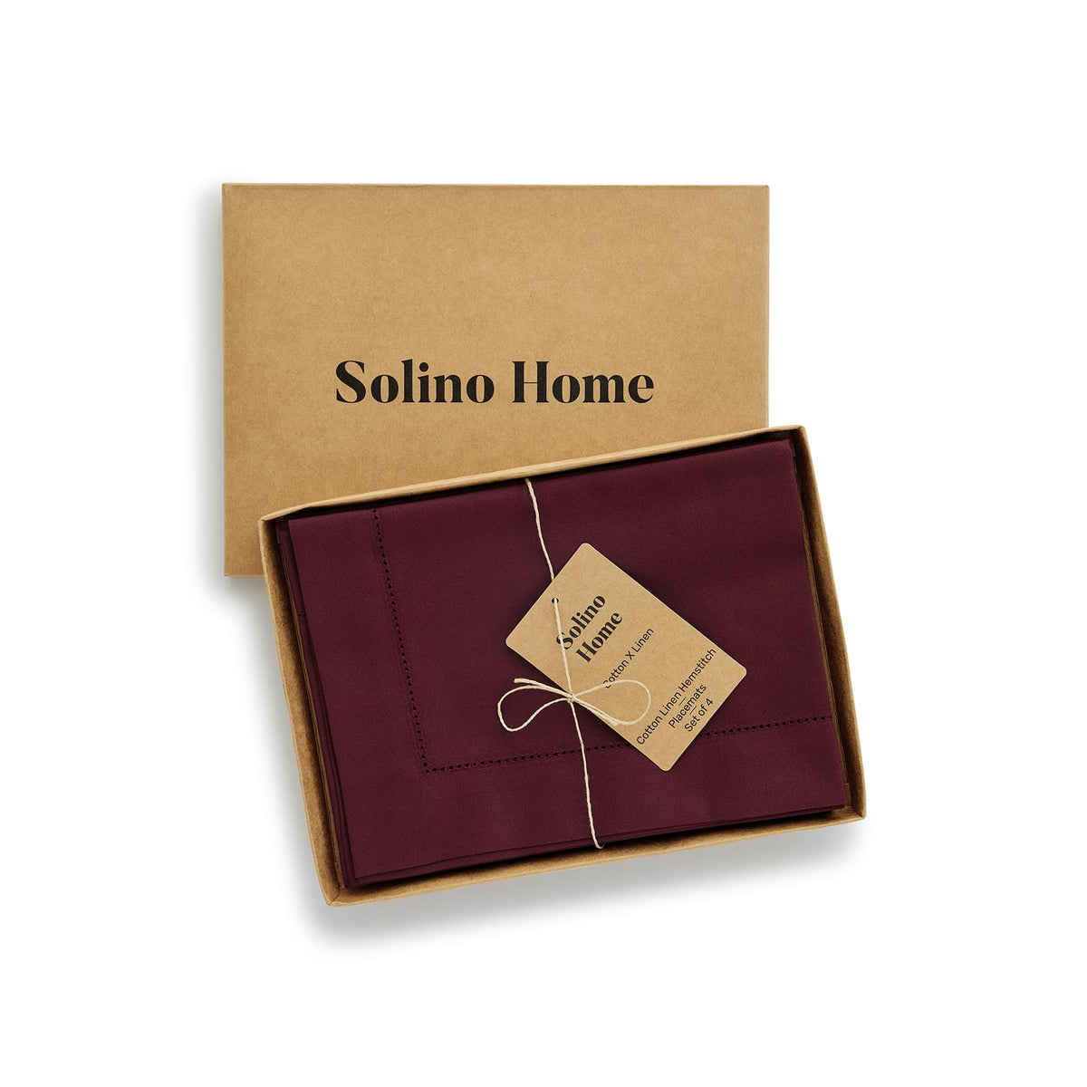 Cotton Linen Placemats Wine Hemstitch, 14 x 19 in, Set of 4